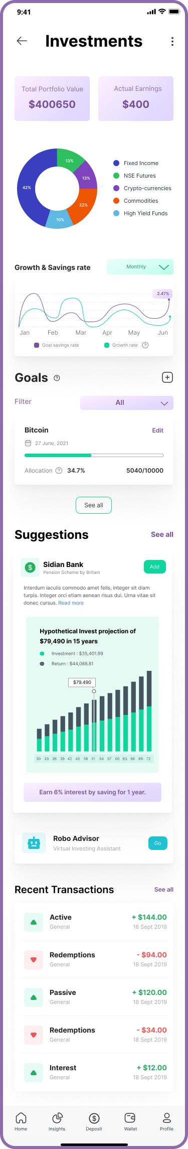 Sortika redesigned Investments page: portfolio distribution, suggestions, and virtual investing assistant