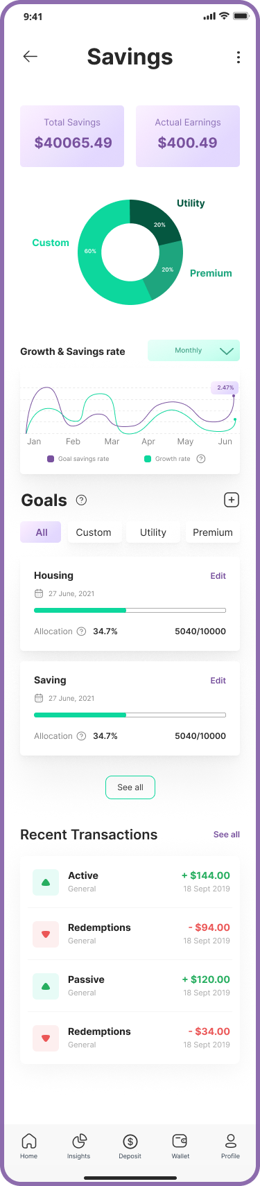 Sortika redesigned Savings page: category breakdown, growth rate graph, goals, and transaction history